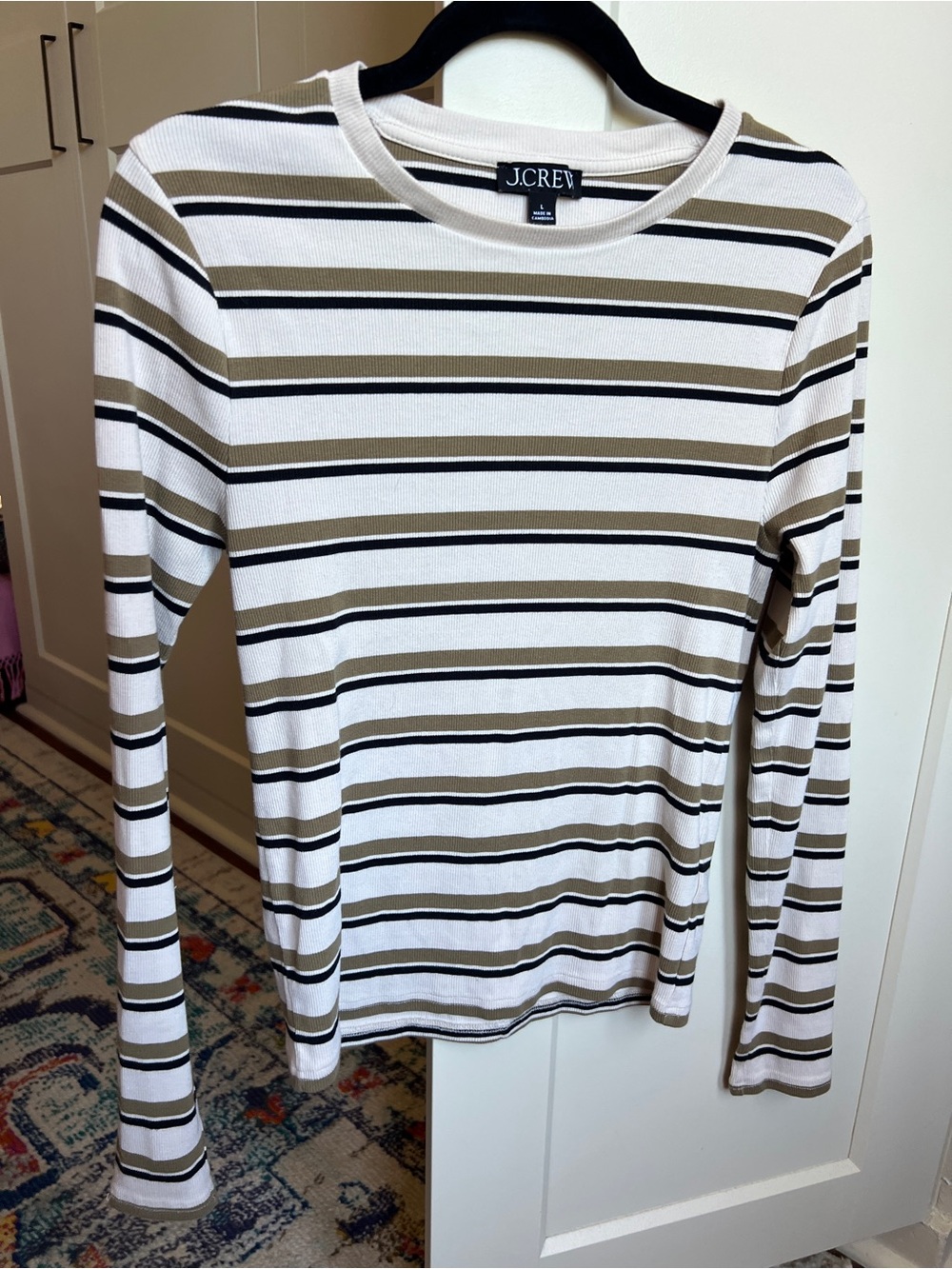 J.Crew perfect Rib Women's Long-Sleeve Striped Crewneck Top in White and Olive